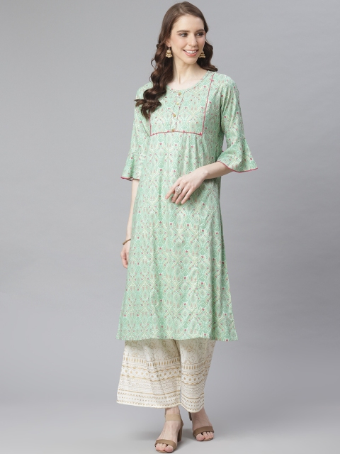 

Anubhutee Women Green & Off-White Foil Print Kurta with Palazzos