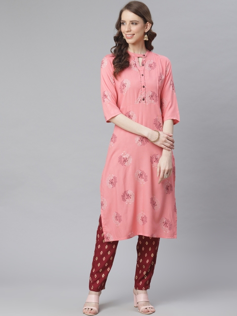 

Anubhutee Women Pink & Maroon Printed Kurta with Trousers