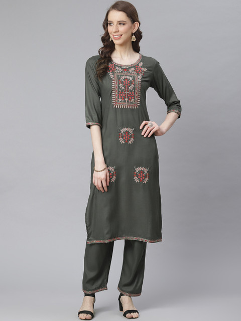 

Anubhutee Women Charcoal Grey & Maroon Embroidered Kurta with Trousers, Olive
