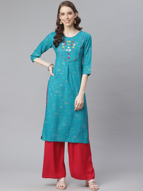 

Anubhutee Women Teal Blue & Golden Printed Straight Kurta with Kantha Work