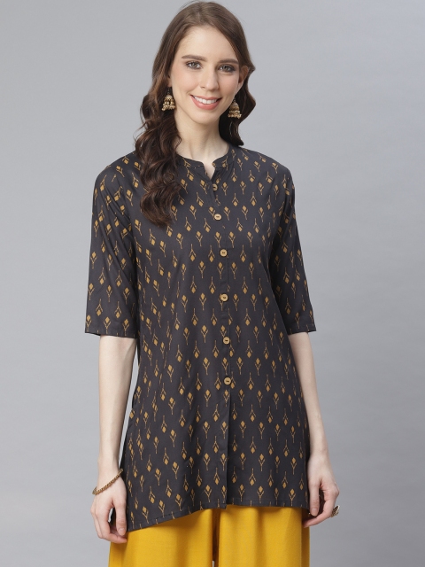 

Anubhutee Women Charcoal Grey & Mustard Yellow Printed Straight Kurti
