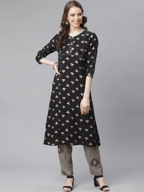 

Anubhutee Women Black & Grey Printed Kurta with Trousers