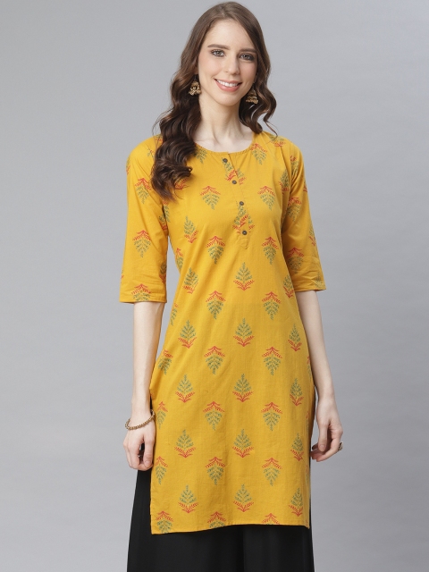 

Anubhutee Women Mustard Yellow & Maroon Printed Straight Kurta