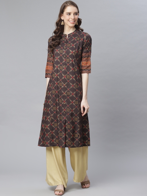 

Anubhutee Women Coffee Brown & Golden Foil Print A-Line Kurta