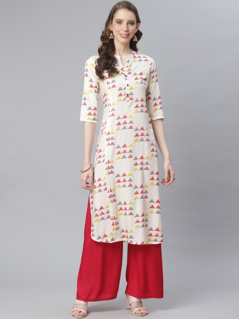 

Anubhutee Women Off-White & Rust Red Printed Straight Kurta