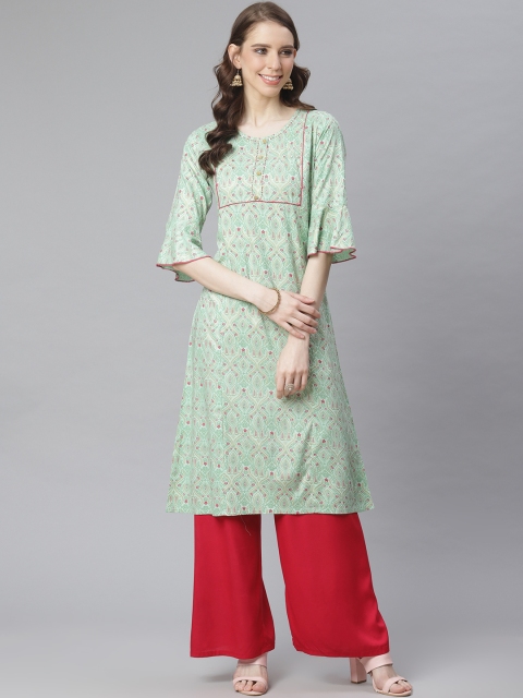 

Anubhutee Women Green & Golden Foil Print A-Line Kurta