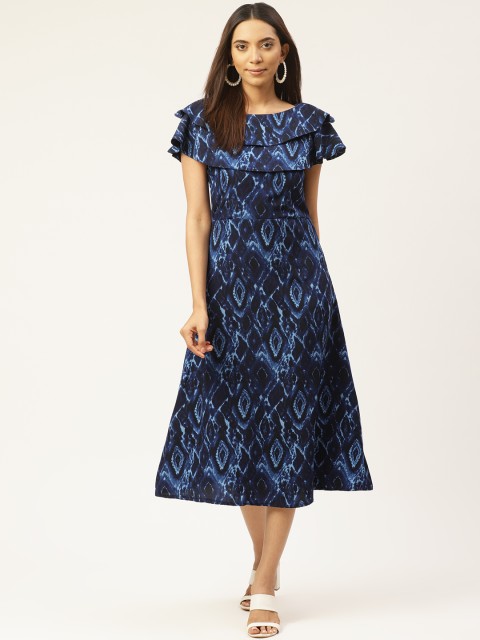 

Cottinfab Women Blue & Black Printed A-Line Dress