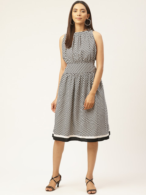 

Cottinfab Women Black and White Polka Dot Print A-Line Dress