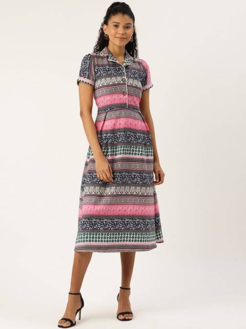 

Cottinfab Women Pink & Blue Printed A-Line Dress, White