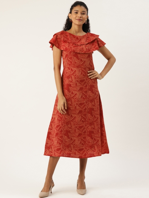 

Cottinfab Women Rust Orange Printed A-Line Dress