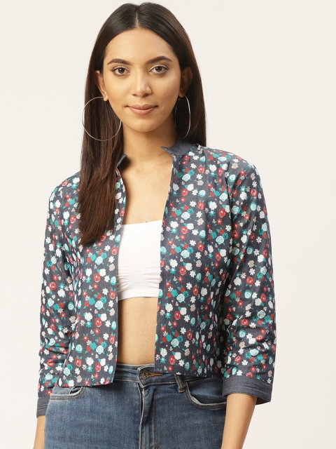 

Cottinfab Women Blue & Red Floral Printed Denim Lightweight Open Front Jacket