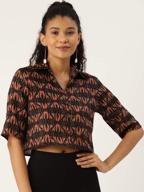 

Cottinfab Women Black & Beige Geometric Printed Shirt Style Pure Cotton Top