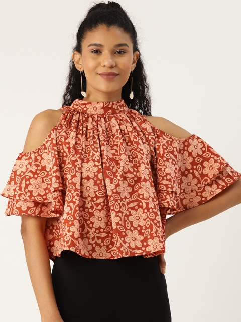 

Cottinfab Women Rust & Beige Floral Printed Boxy Top