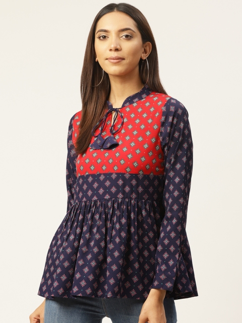 

Cottinfab Women Navy Blue & Red Printed A-Line Top