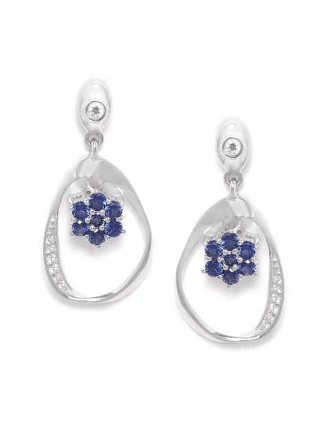 

Silgo Navy Blue & Silver-Toned 925 Sterling Silver CZ-Studded Rhodium-Plated Drop Earrings