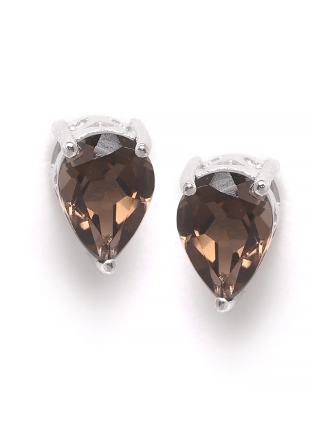 

Silgo Brown Rhodium-Plated Smoky Quartz-Studded 925 Sterling Silver Teardrop-Shaped Studs