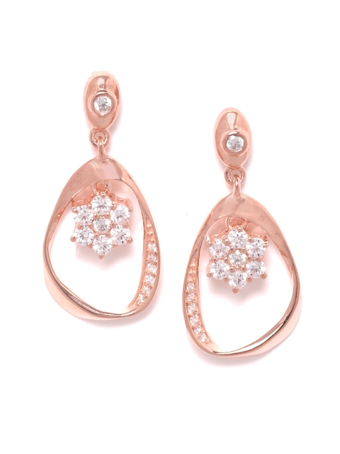 

Silgo 925 Sterling Silver Rose Gold-Plated CZ Studded Floral Drop Earrings