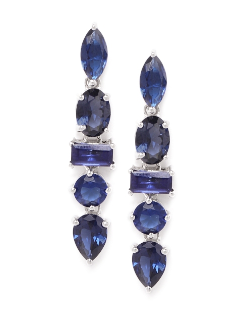 

Silgo Navy Blue & Silver-Toned 925 Sterling Silver Rhodium Plated CZ Studded Drop Earrings