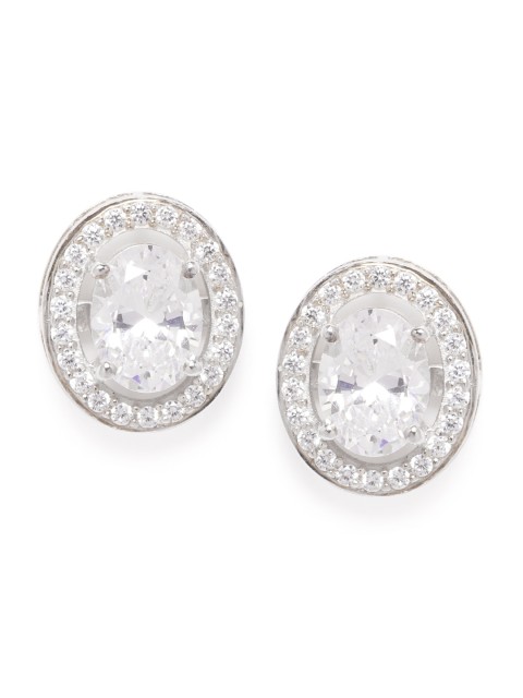 

Silgo Silver-Toned 925 Sterling Silver Rhodium Plated CZ Studded Oval Studs