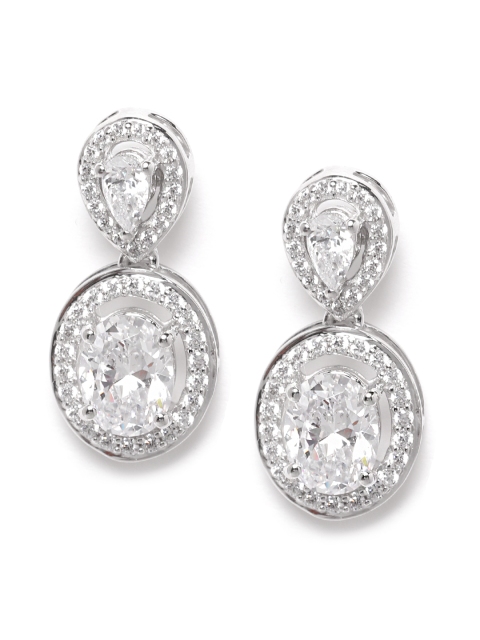 

Silgo 925 Sterling Silver Rhodium-Plated CZ Studded Oval Drop Earrings