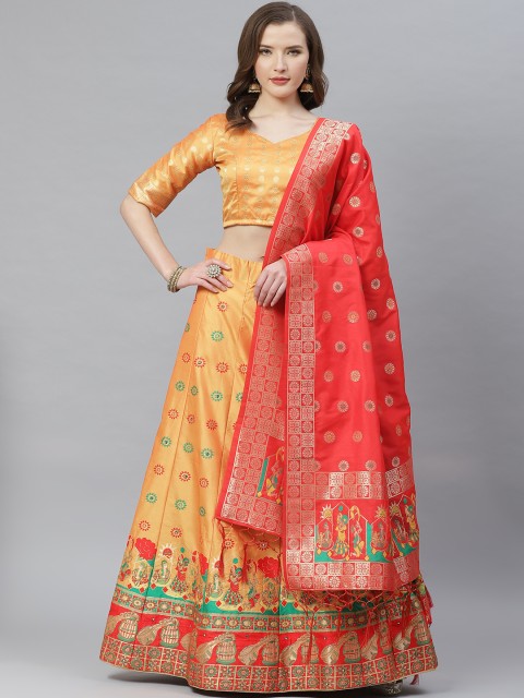 

SHOPGARB Orange & Maroon Woven Design Semi-Stitched Lehenga & Unstitched Blouse with Dupatta