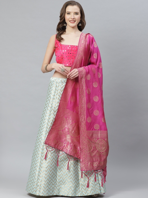 

SHOPGARB Blue & Pink Woven Design Semi-Stitched Lehenga & Unstitched Blouse with Dupatta