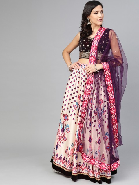 

SHOPGARB Burgundy & Off-White Embellished Semi-Stitched Lehenga & Unstitched Blouse with Dupatta