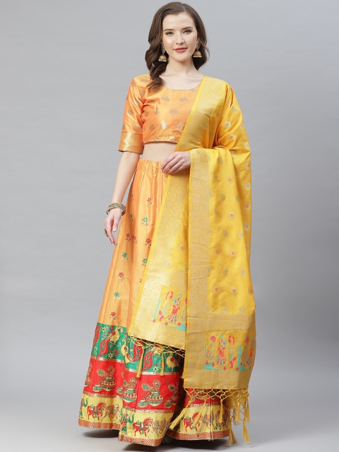 

SHOPGARB Yellow Woven Design Semi-Stitched Lehenga & Unstitched Blouse with Dupatta