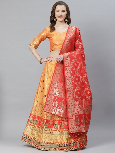 

SHOPGARB Orange & Red Woven Design Semi-Stitched Lehenga & Unstitched Blouse with Dupatta, Mustard