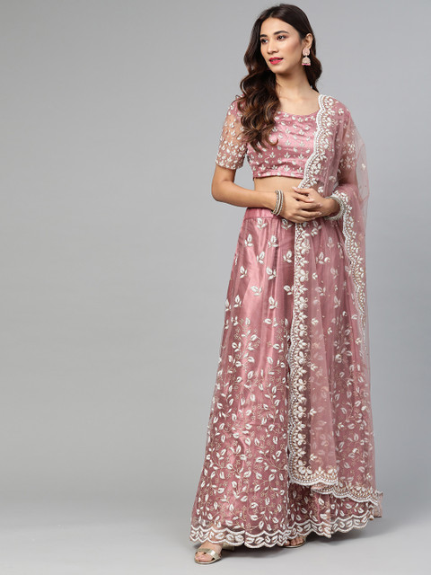 

SHOPGARB Mauve & White Embellished Semi-Stitched Lehenga & Unstitched Blouse with Dupatta