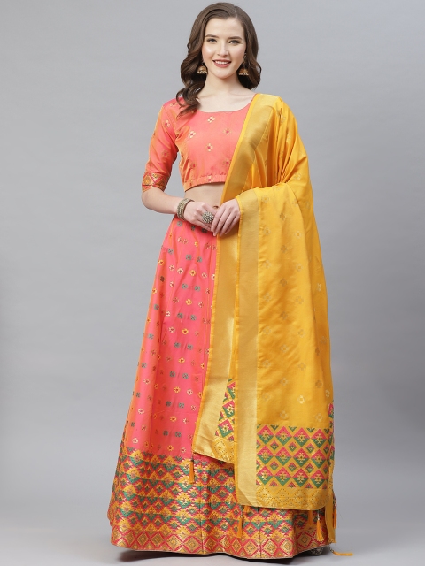 

SHOPGARB Pink Woven Design Semi-Stitched Lehenga & Unstitched Blouse with Dupatta