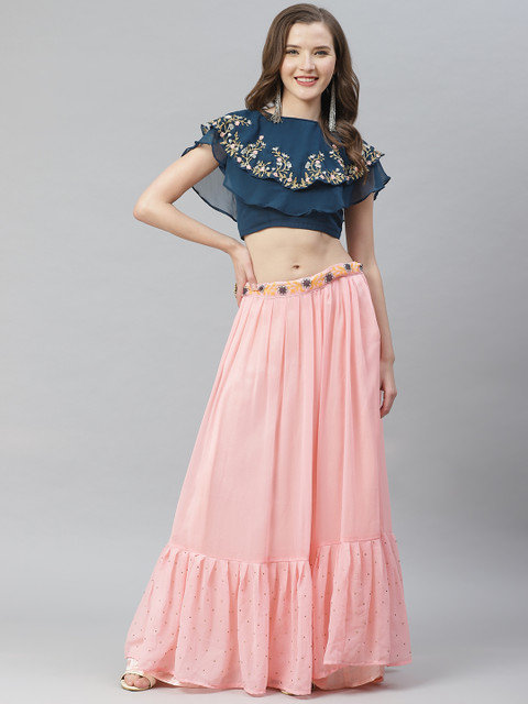 

SHOPGARB Pink & Navy Blue Solid Semi-Stitched Lehenga with Unstitched Blouse
