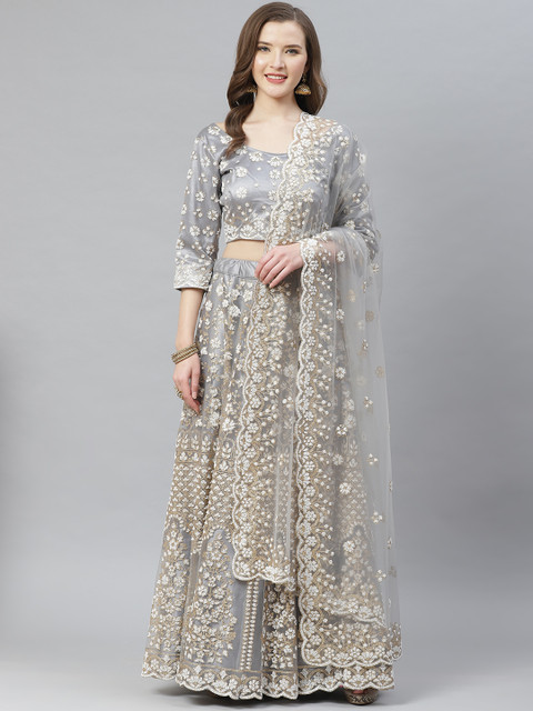 

SHOPGARB Grey & Off-White Embellished Semi-Stitched Lehenga & Unstitched Blouse with Dupatta