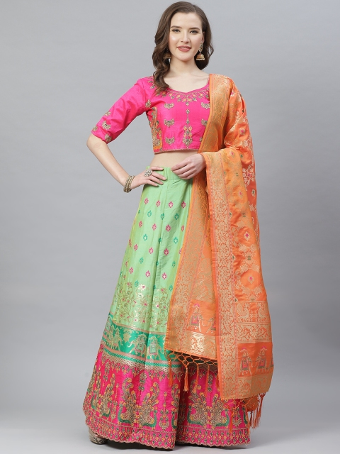 

SHOPGARB Green & Pink Embroidered Semi-Stitched Lehenga & Unstitched Blouse with Dupatta