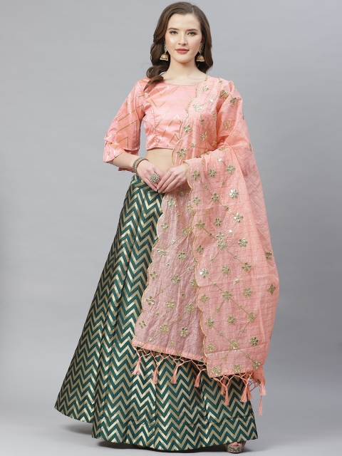 

SHOPGARB Green & Pink Leheriya Print Semi-Stitched Lehenga & Unstitched Blouse & Dupatta