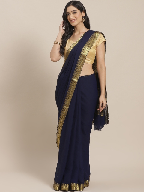 

Mitera Navy Blue & Golden Solid Saree