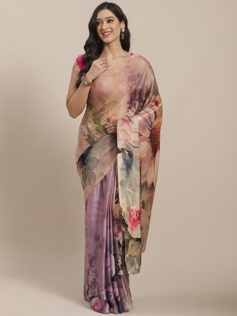 

Mitera Beige & Lavender Satin Finish Floral Printed Saree