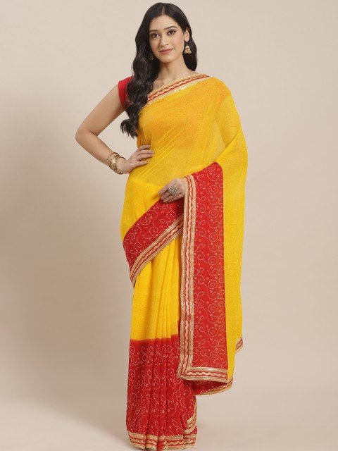 

KALINI Yellow & Red Bandhani Printed Saree