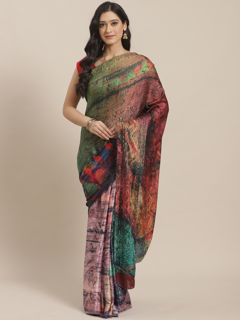 

Mitera Green & Red Satin Printed Saree