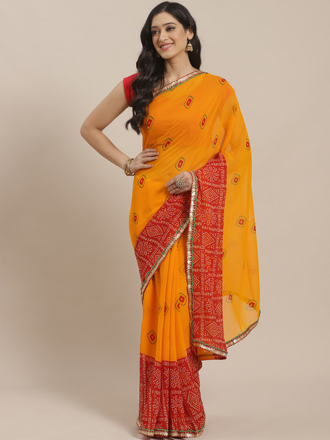 

KALINI Orange & Red Bandhani Printed Saree