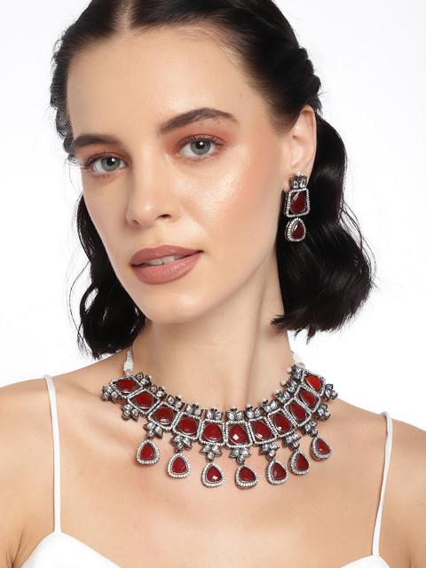 

Laida Maroon & Silver-toned Silver Plated Zirconia-Studded Handcrafted Jewellery Set