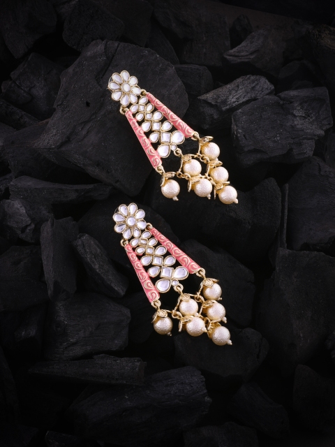 

LAIDA Gold-Plated & Pink Kundan Studded Meenakari Classic Drop Earrings