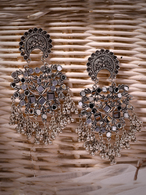 

LAIDA Silver-Plated Oxidized Mirror with Ghungroo Drops Chandbalis