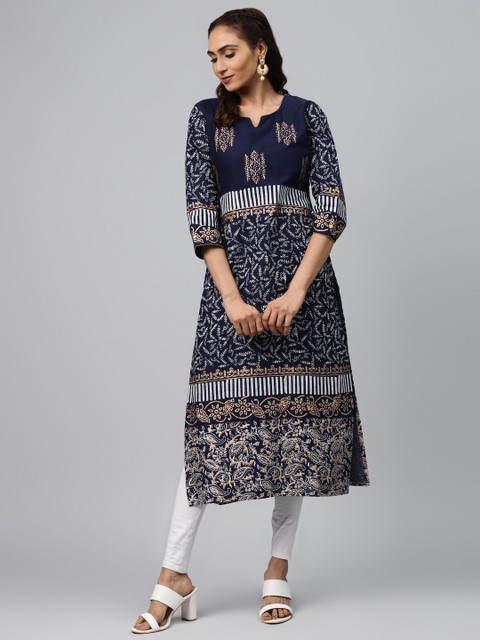 

Akshatani Women Navy Blue & White Hand Block Print Straight Kurta