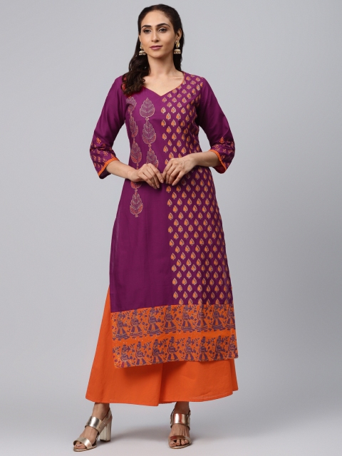 

Akshatani Women Purple & Orange Hand Block Print Straight Kurta