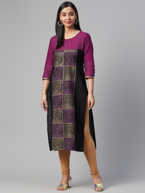 

Akshatani Women Purple & Black Ethnic Motif Hand Block Print Straight Kurta