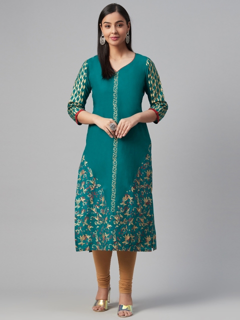 

Akshatani Women Green & Golden Ethnic Motif Hand Block Print Straight Kurta