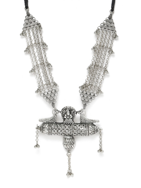 

LAIDA Women Silver-Plated Oxidised Peacock Necklace