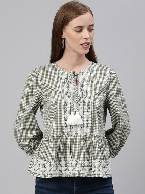 

Vero Moda Women Green & White Checked Top with Embroidery & Gathers