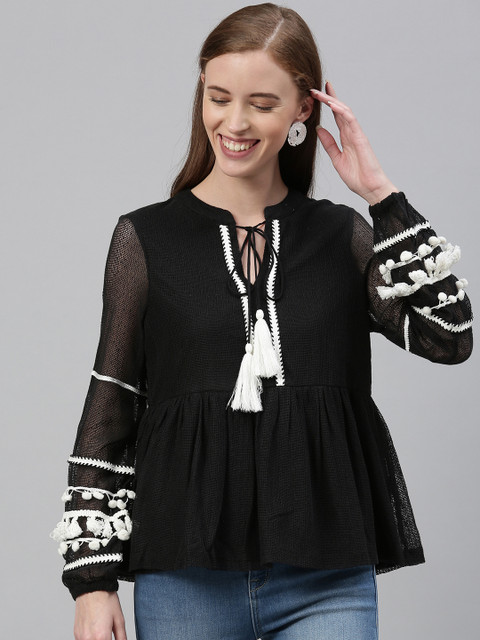 

Vero Moda Women Black Solid A-Line Top With Tie-Ups & Embroidered Sleeves